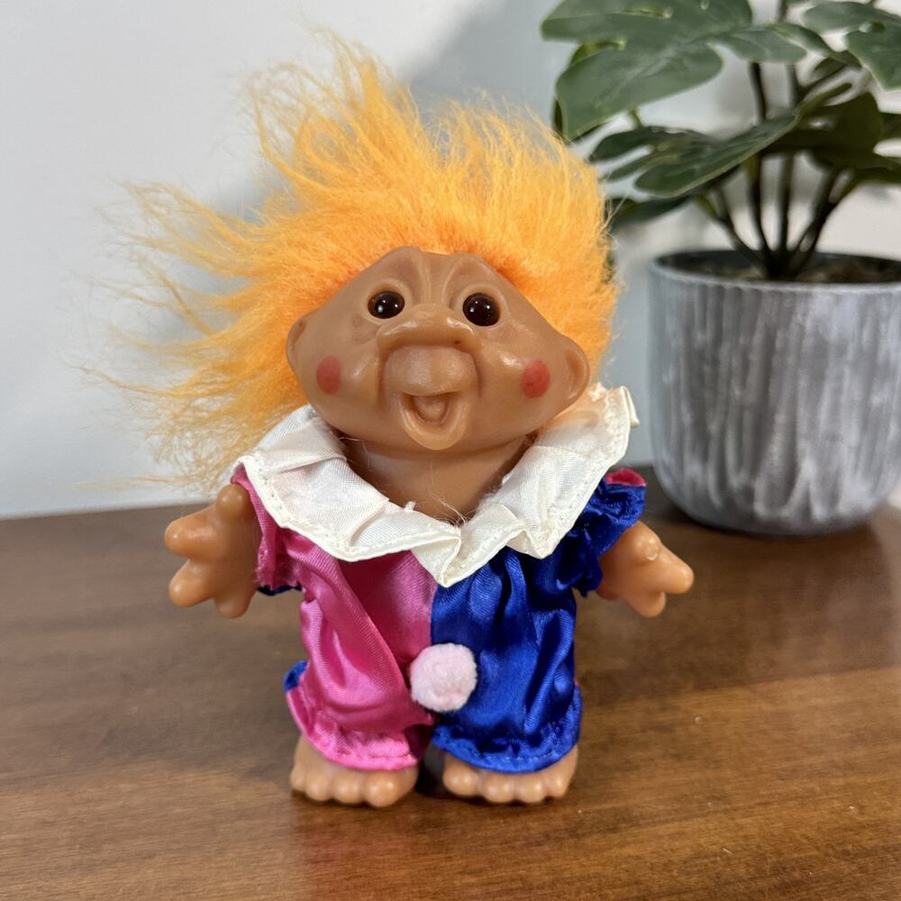 Vintage DAM Troll Doll 1986 Clown Outfit Orange Hair 3.5" Figure